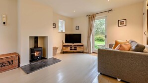 Ein Wohnzimmer mit Kamin, Fernseher und einer Couch.