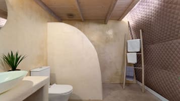Douche, sèche-cheveux, serviettes fournies, savon