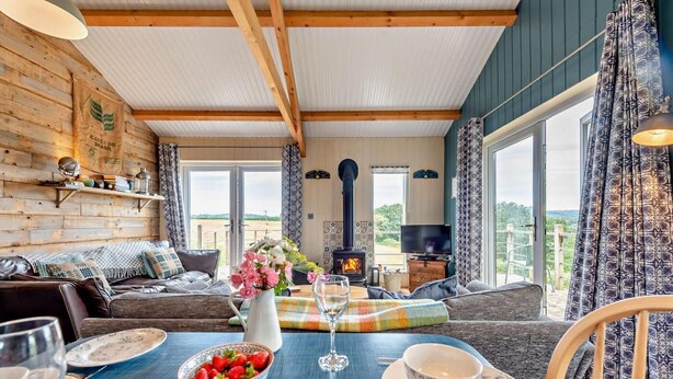 A cozy living room with a sofa, a table set for dining, a fireplace, and a TV. - 1 Bed in Dre-Fach Felindre (oc-a29876) (Felindre)
