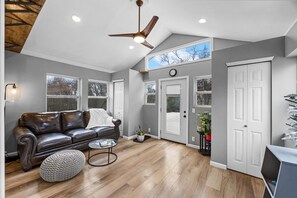 Televisio, takka, pöytäjalkapallopöytä, kirjoja