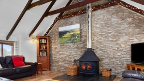 A cozy living room with a stone wall, a fireplace, leather sofas, a bookshelf, and a television. - 4 Bed in Hebron (oc-y30097) (Whitland)