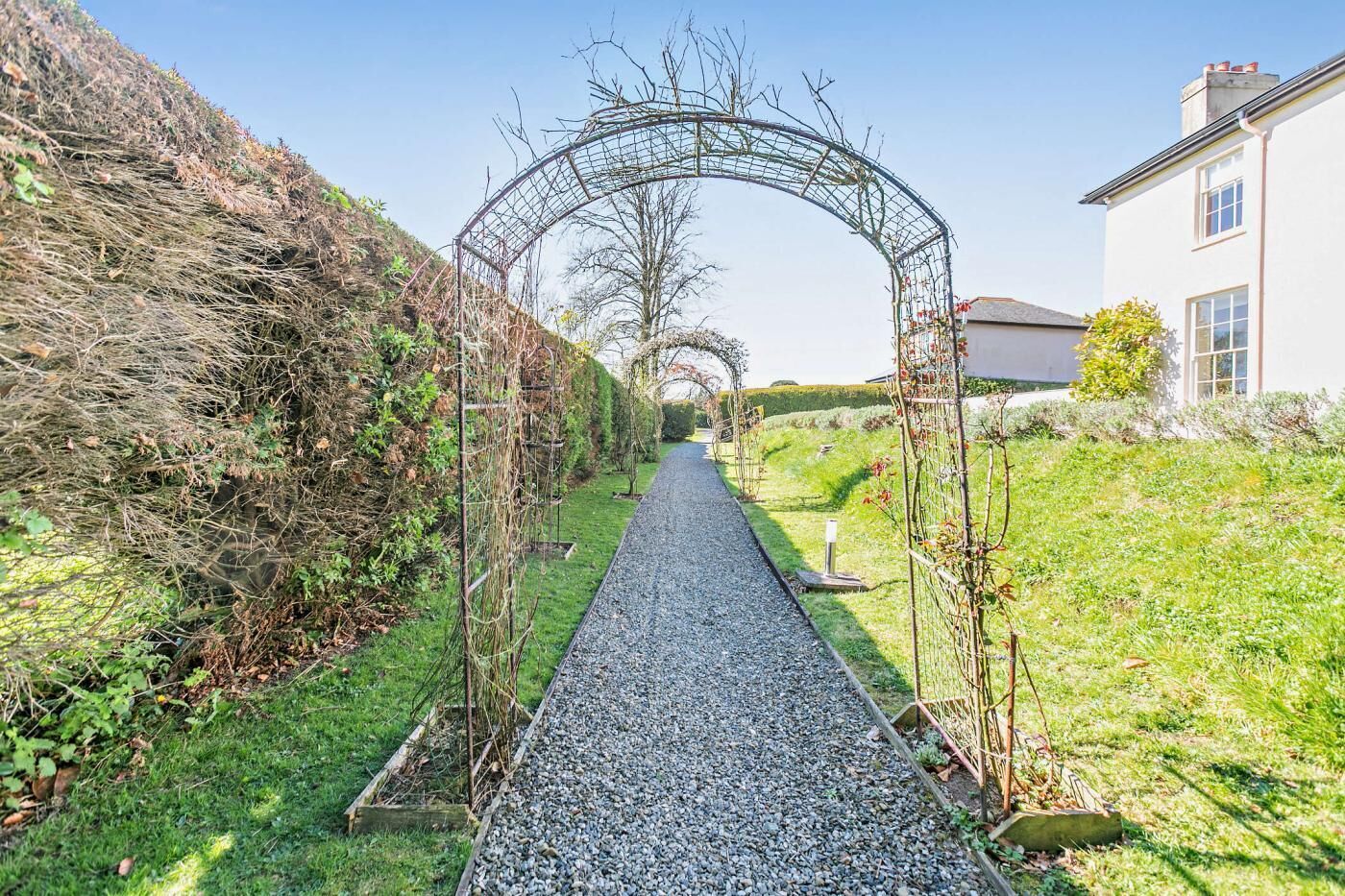 A pathway lined with a metal archway, flanked by a hedge and a building.