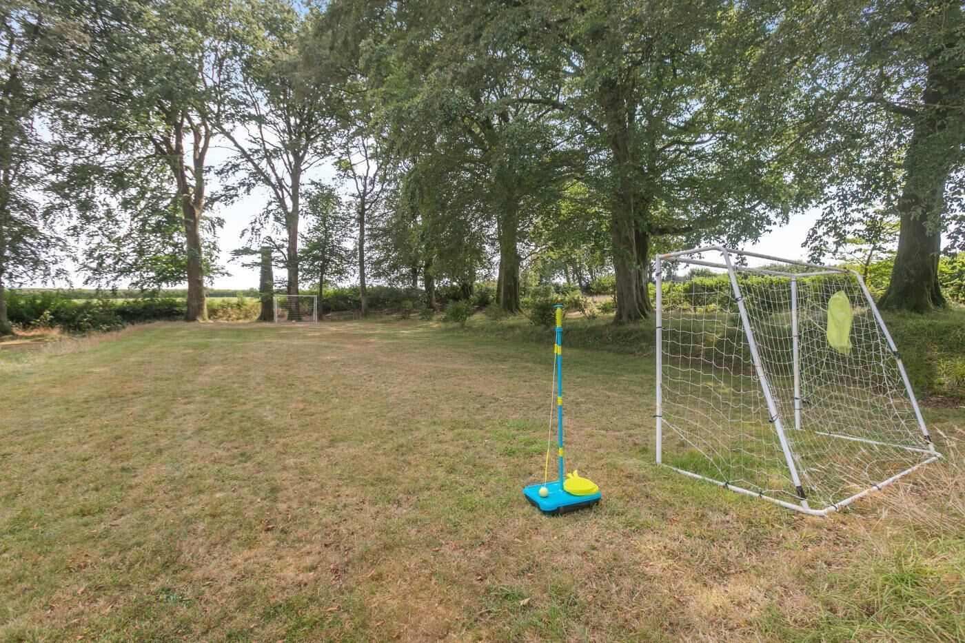Ein grasbewachsenes Areal im Freien mit einem Tor und einem Netz.