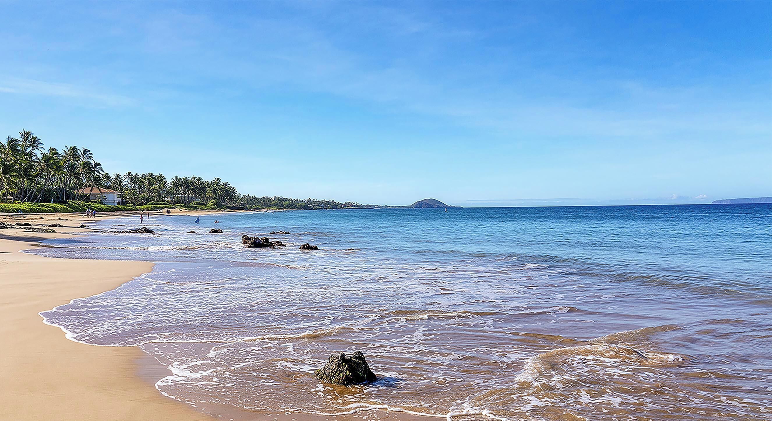 Una playa con agua azul cristalina, orilla de arena y un área boscosa al fondo.