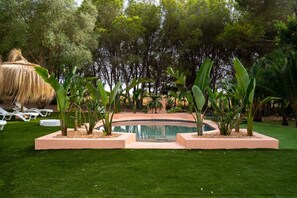 Un jardin aménagé avec une piscine, entouré de palmiers et agrémenté d’une structure à toit de chaume.