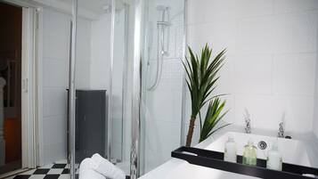 Hair dryer, towels, soap, toilet paper