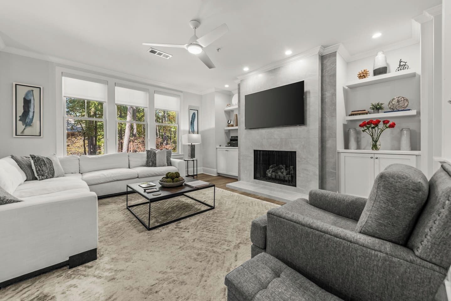 Smart TV, chimenea y libros 