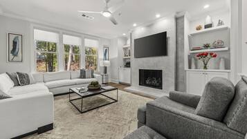 Smart TV, chimenea y libros