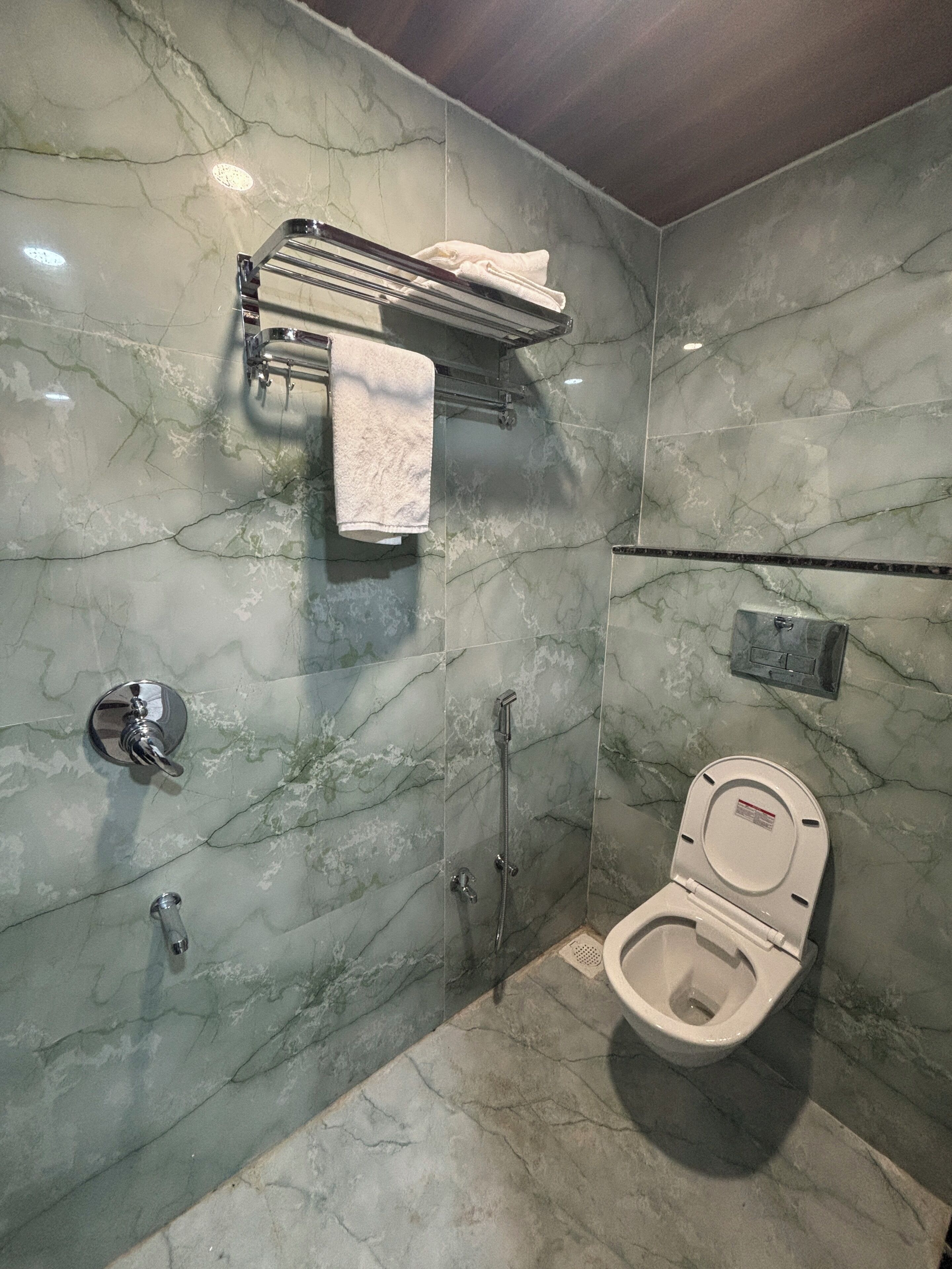 Une salle de bain avec un mur en marbre, des toilettes, une douche et un porte-serviettes.