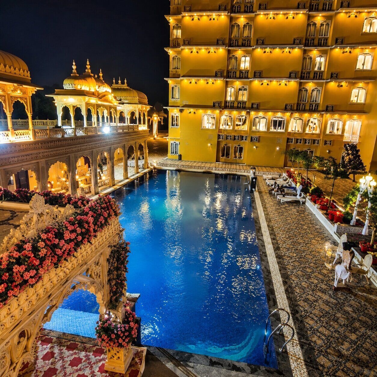 Un patio de hotel con piscina, arquitectura ornamentada e interior bien iluminado.