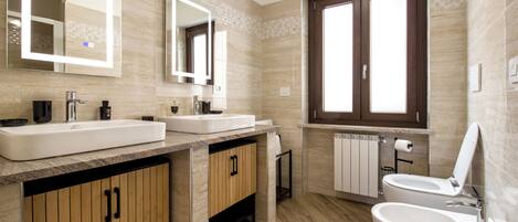 Shower, hair dryer, bidet, towels