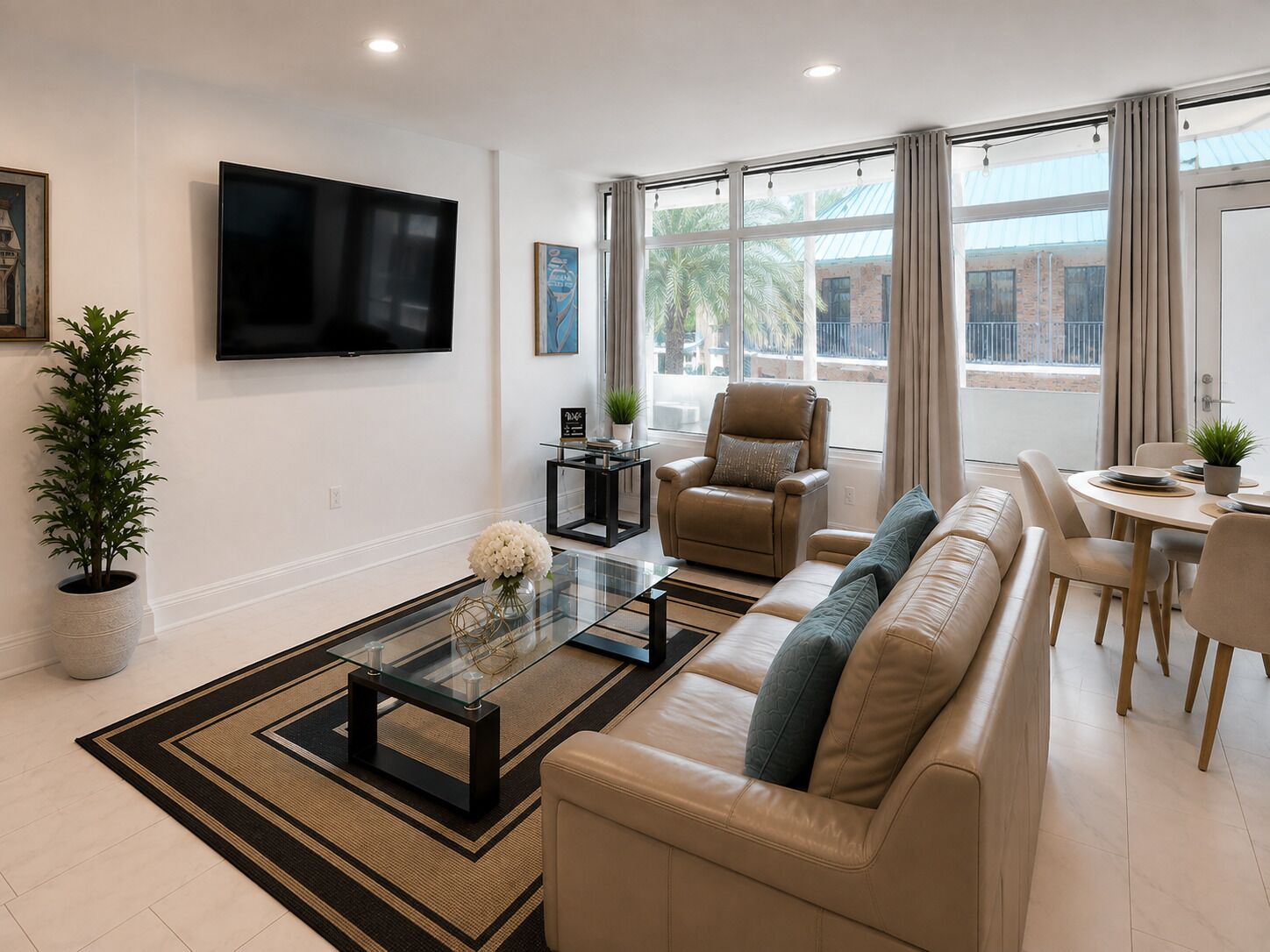 A modern living room with a leather sofa, a glass coffee table, a leather armchair, and a dining area with a table and chairs.