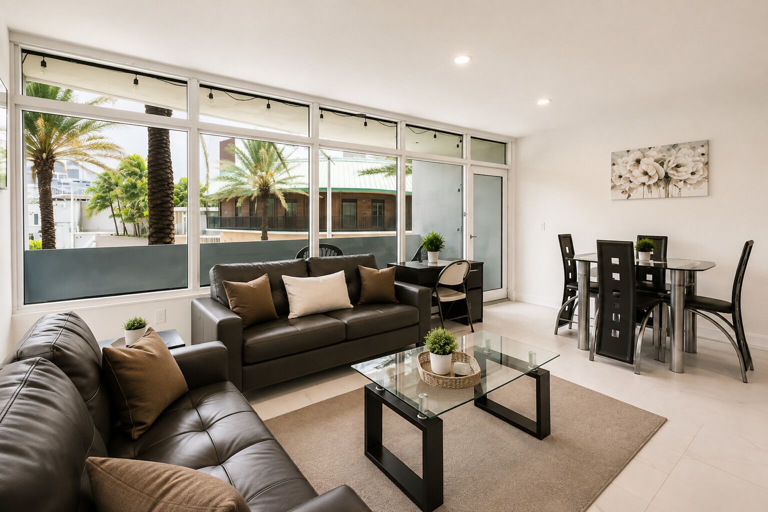 A modern living room with a leather sofa, a glass coffee table, and a dining area with a glass table and chairs.