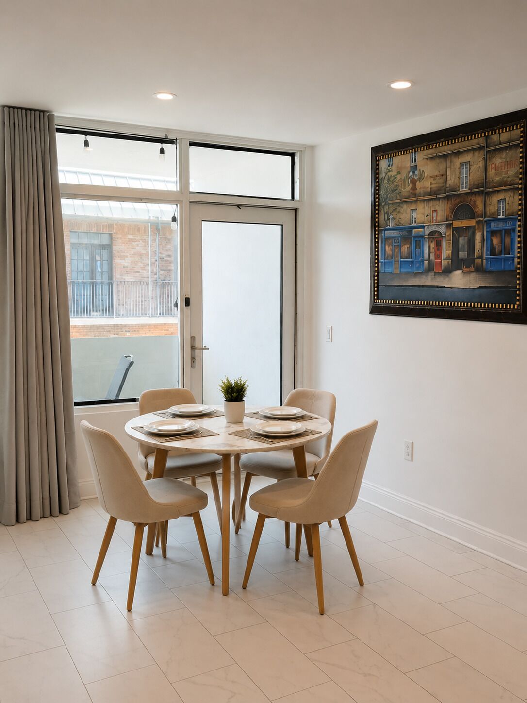 A dining area with a round table, four chairs, and a potted plant.