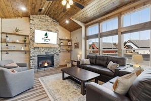 Smart TV, fireplace, foosball