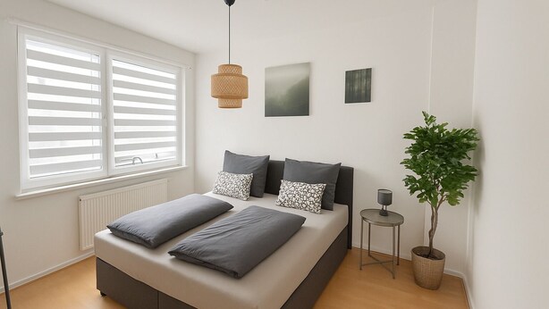 A modern bedroom with a large bed, a bedside table, a hanging light, and a potted plant. - C&V: 5 PP- 3 rooms- central+WLAN+box spring bed (Kaiserslautern)