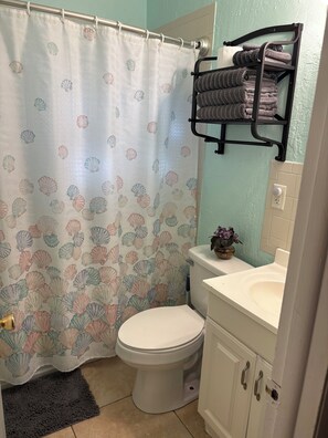 Shower, hair dryer, towels, soap - Cozy Palm Retreat 
Enjoyable 3-bedroom house with AC for a relaxing stay (Sarasota)