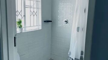 Shower, hair dryer, towels, toilet paper