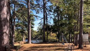 A wooded area with a swing set and a bench. - Cozy Cabin on Angelina River near Lake Sam Rayburn-Pool, Boat Parking, Fishing (Jasper)