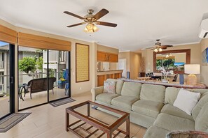 Condo, Multiple Beds, Lanai, Partial Ocean View (Grand Champions 55) | Living area - Grand Champions 55, Beautifully Renovated Single Level, Ocean Views, Split AC (Kihei)