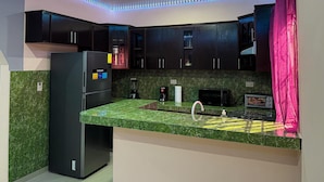 Une cuisine moderne avec des meubles de couleur sombre, un plan de travail en marbre vert, un réfrigérateur Samsung, un four à micro-ondes, un grille-pain et un éclairage d’ambiance à DEL le long du plafond.