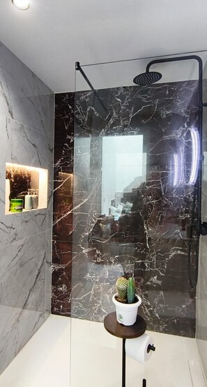 Chuveiro, secador de cabelo, toalhas de banho, sabonete