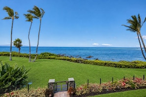 A well-maintained lawn with a gate leading to a beach view, palm trees, and a clear sky. - Punahoa Beach 201 - Direct Ocean Front, Beautiful Renovation, Split AC, Wi-fi (Kihei)
