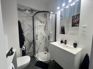 Regadera, secadora de cabello, toallas, papel de baño 