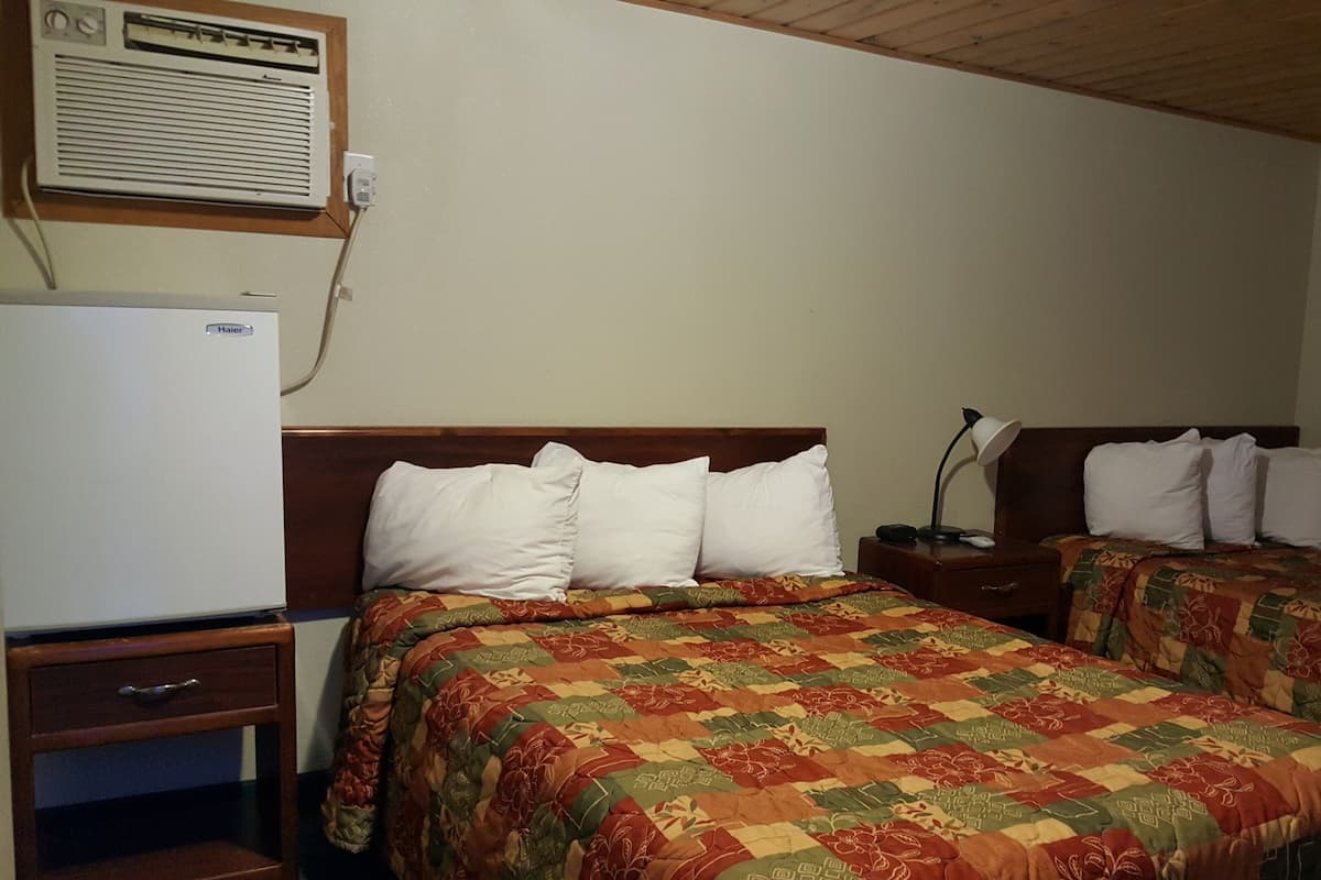 A hotel room with two beds, a refrigerator, a bedside lamp, and a radio on the wall.