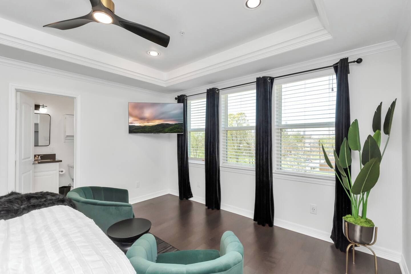 A modern bedroom with a ceiling fan, a large window with curtains, a flat-screen TV, and a potted plant.