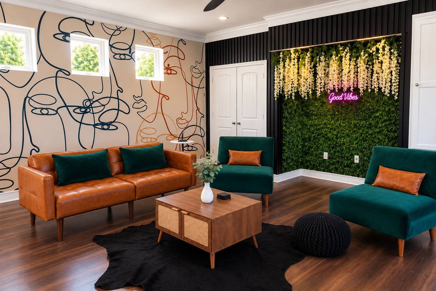 Un salon moderne avec un canapé en cuir marron, un fauteuil vert et une table basse en bois.