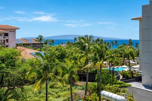 Un resort con piscina, palmeras y vista al océano.