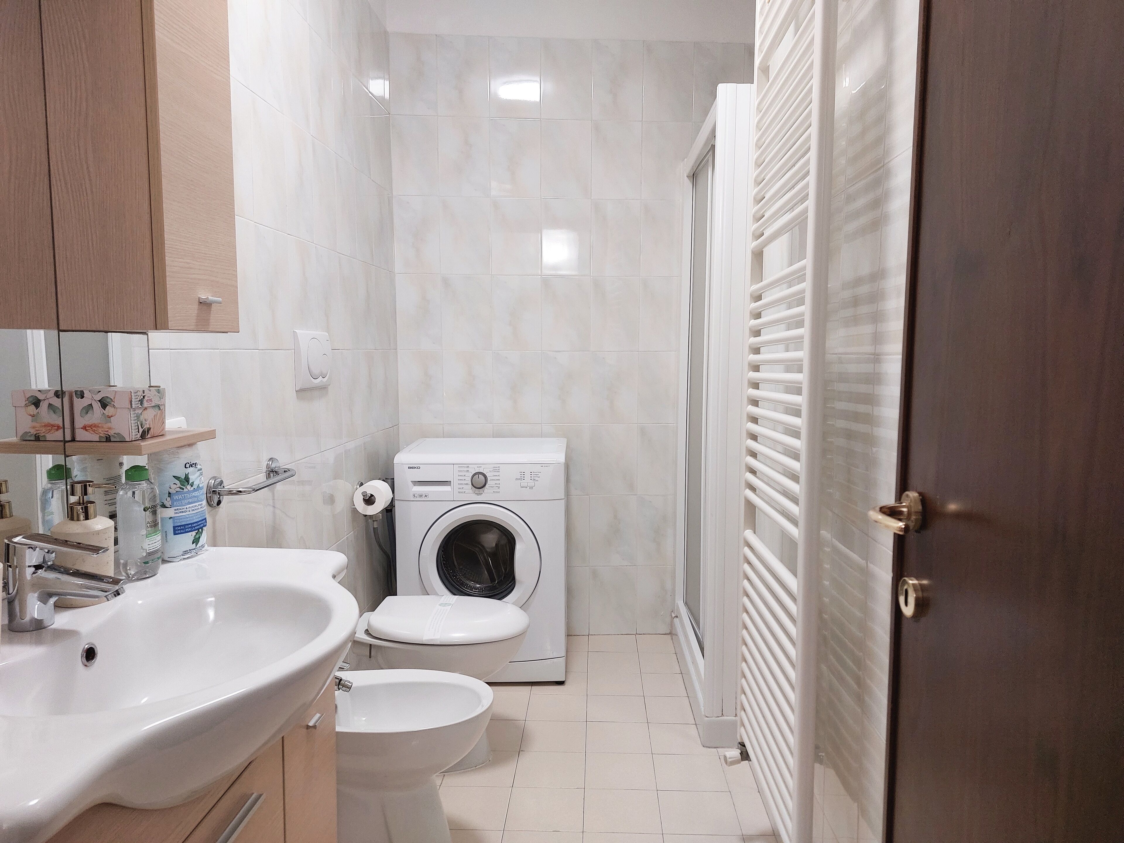 Hair dryer, towels, soap, toilet paper