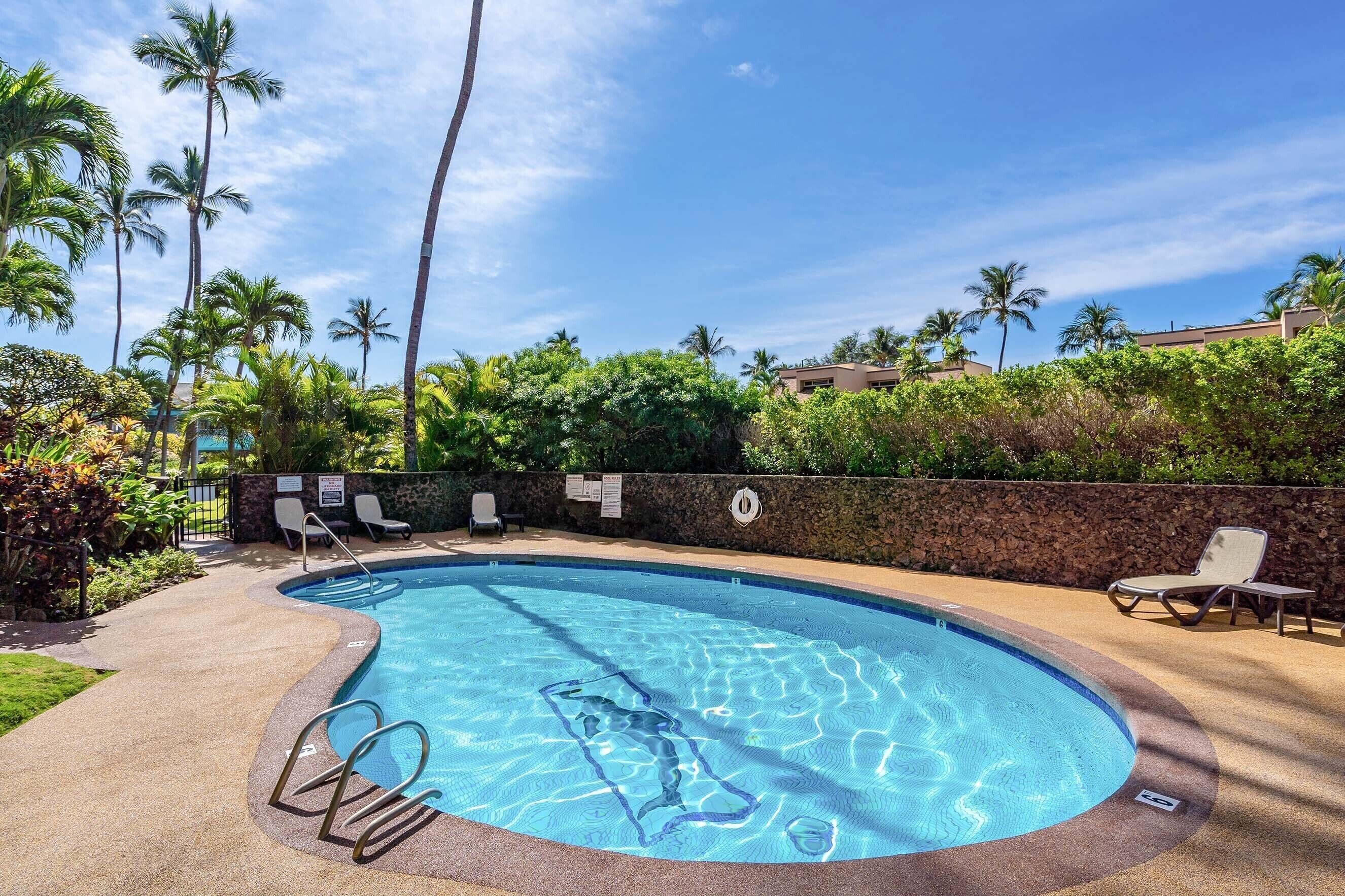 A swimming pool with lounge chairs and palm trees in the background.