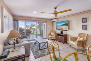 Condo, 1 King Bed with Sofa bed, Lanai, Partial Ocean View (Hale Kamaole 150) | Living area - Hale Kamaole 150 - Great Ocean Views From Private Lanai, No Carpet, Split AC! (Kihei)