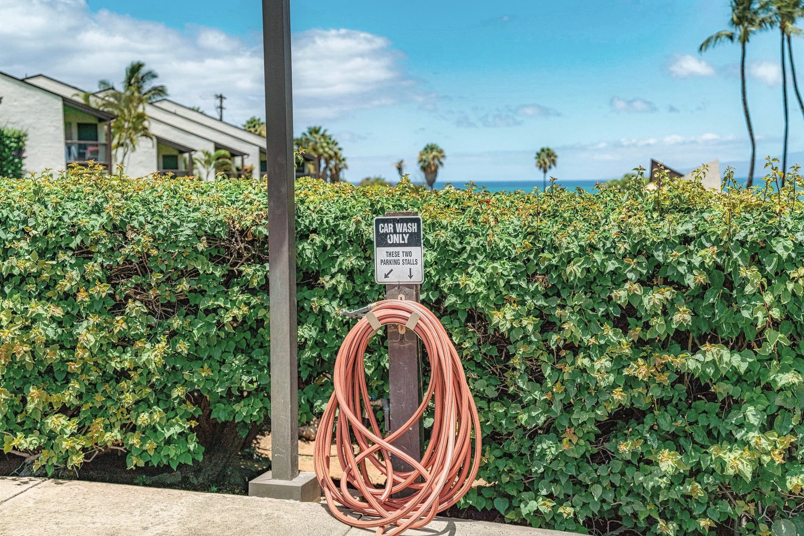 A sign indicating car wash availability with a coiled hose attached to a pole.