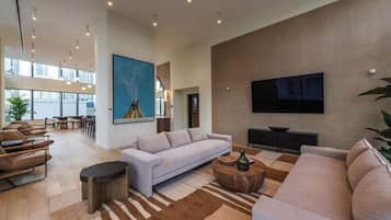 Smart TV, fireplace, books