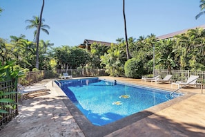 Ein rechteckiger Pool mit klarer, blauer Wasseroberfläche, umgeben von einer Betonplattform. Liegestühle und ein Metallzaun befinden sich rund um den Pool.