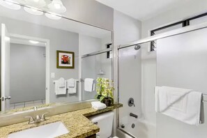 Hair dryer, towels, soap, toilet paper