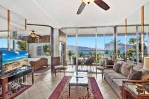 Condo, Multiple Beds, Lanai, Ocean View (Menehune Shores 606) | Living area - Menehune Shores 606 - Direct Ocean Front, Dramatic Ocean Views, Wi-fi, Split AC! (Kihei)