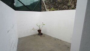 Un piccolo ambiente chiuso, con pavimento in cemento e pareti bianche, e una pianta in vaso con fiori rossi.