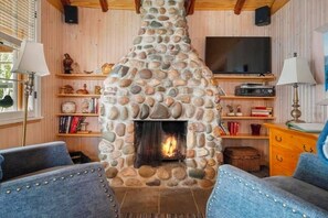 Älytelevisio, takka, DVD-soitin, kirjoja