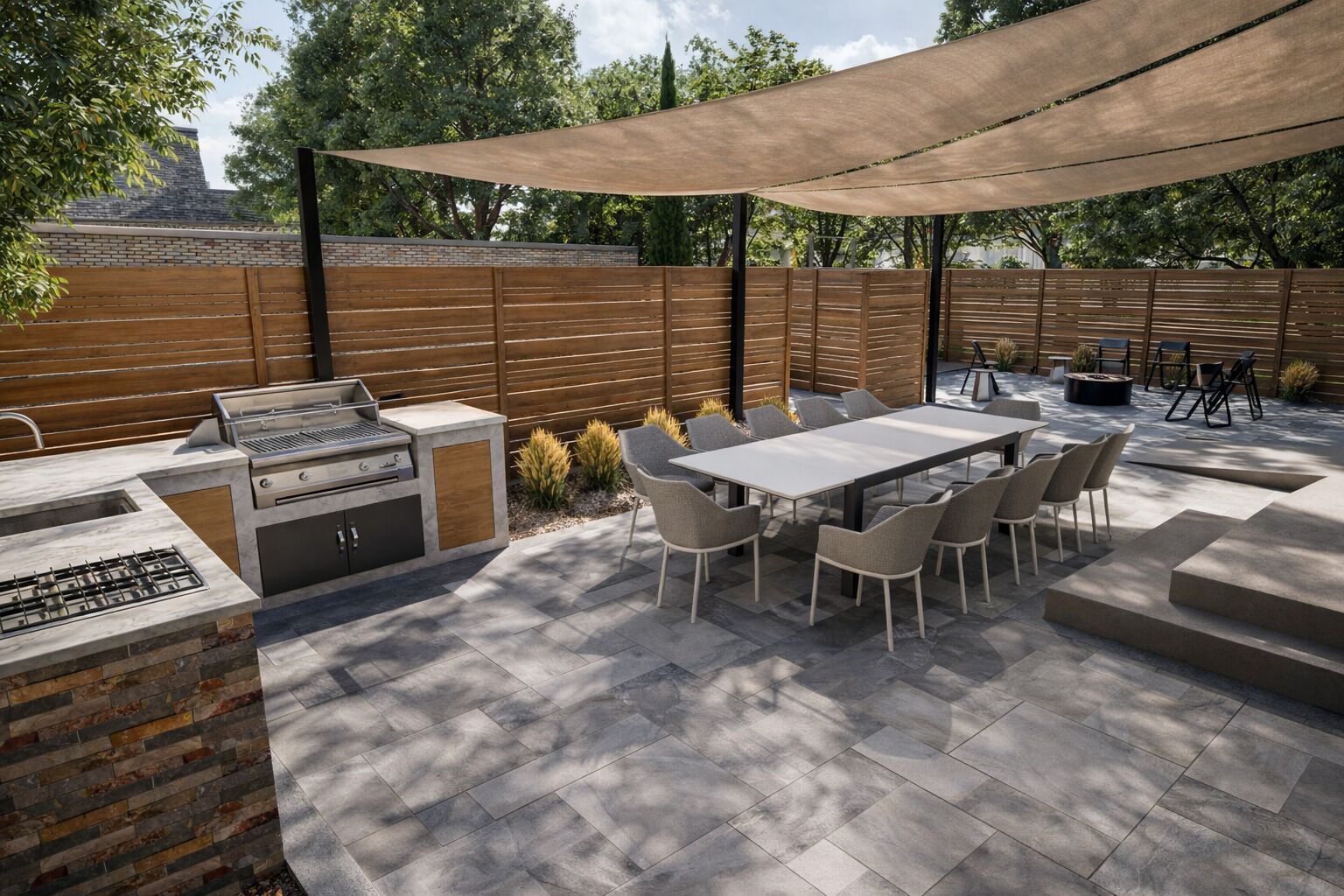 Un patio exterior con una parrilla, una mesa de comedor y sillas.