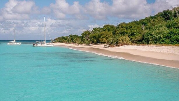 Une plage à l’eau turquoise et limpide, un rivage sablonneux et un voilier à l’horizon.