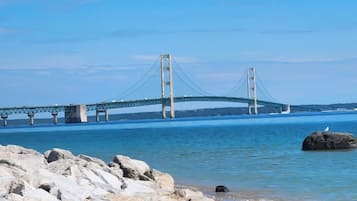On the beach, sun loungers