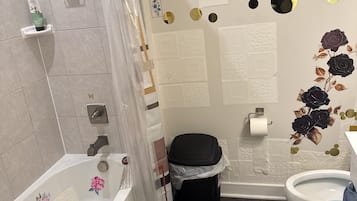 Hair dryer, towels, soap, toilet paper