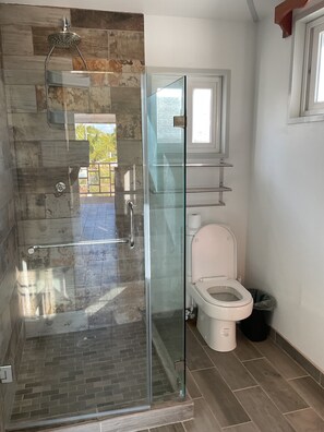 Une salle de bain moderne avec une douche à parois de verre, des toilettes et une fenêtre.