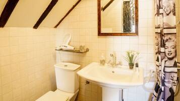 A bathroom with a toilet, sink, and mirror.