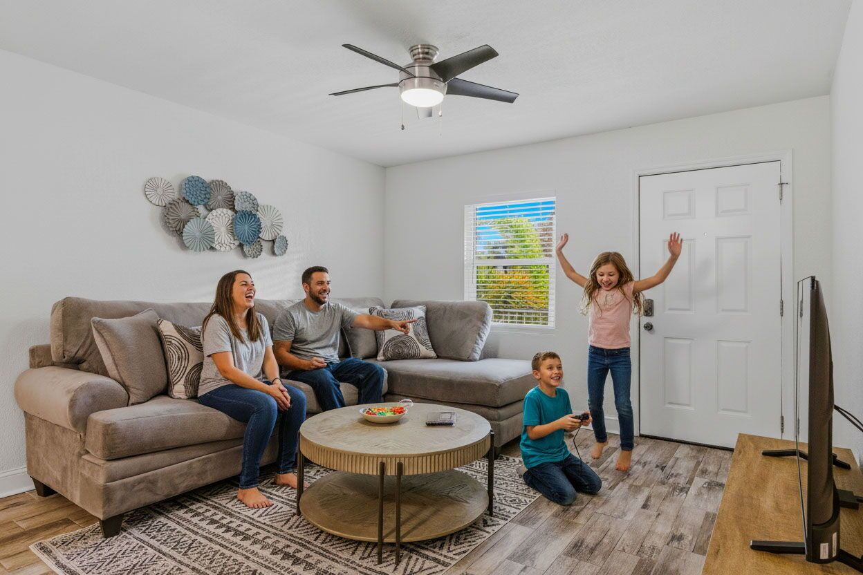 A living room with a grey sofa, a round coffee table, a ceiling fan, and a window with blinds.