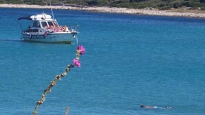 Una barca con una hilera de flores flotando en el agua.